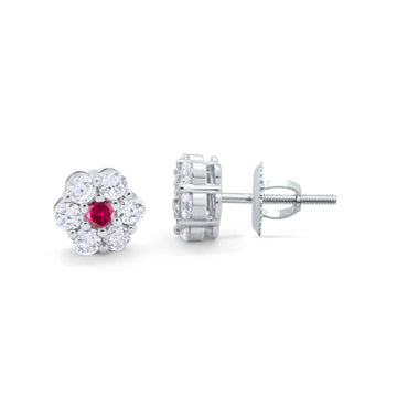 Cluster 7-Stone Round 8mm Simulated Ruby CZ 925 Sterling Silver Screwback Flower Stud Earring